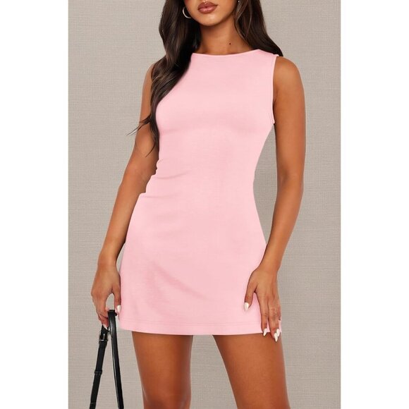 Women Summer Sleeveless Boat Neck Mini H Pink Dress Slim Party Bodycon Dress - Picture 6 of 6